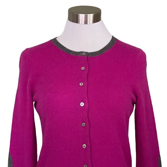 Vertical Design Womens S 100% Cashmere Cardigan Magenta Gray Elbow Patch Sweater - Picture 2 of 5